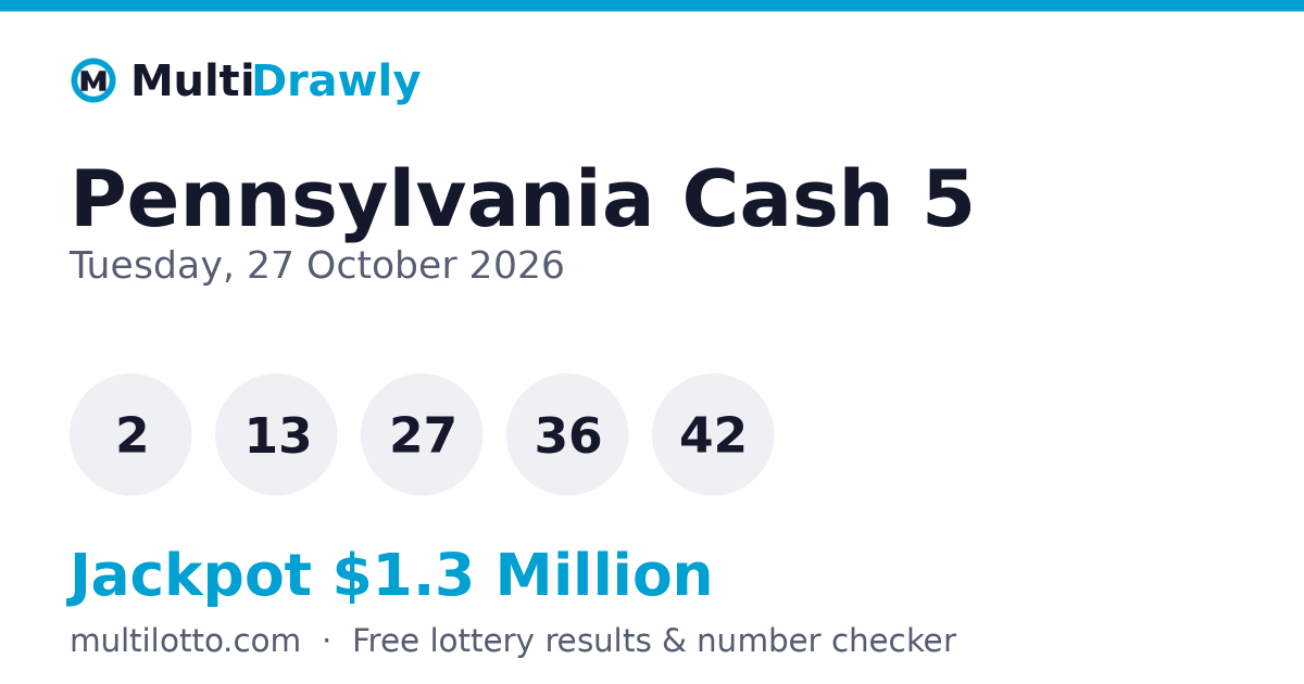 Pennsylvania Cash 5 Results — 27 October 2026 Winning Numbers | MultiDrawly